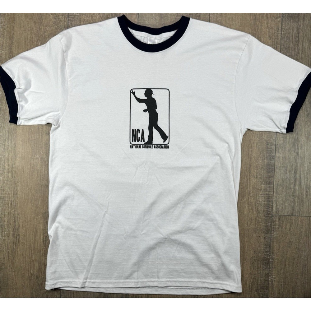 National Cornhole Association White Ringer Cafe Press T Shirt Sz Large Bags Toss